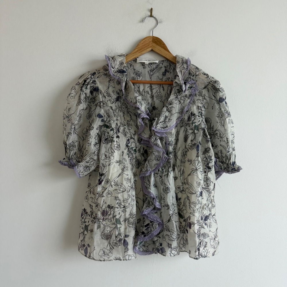English Factory Cotton Blend Floral Print Pintucked Lace Trim Blouse Size Medium
